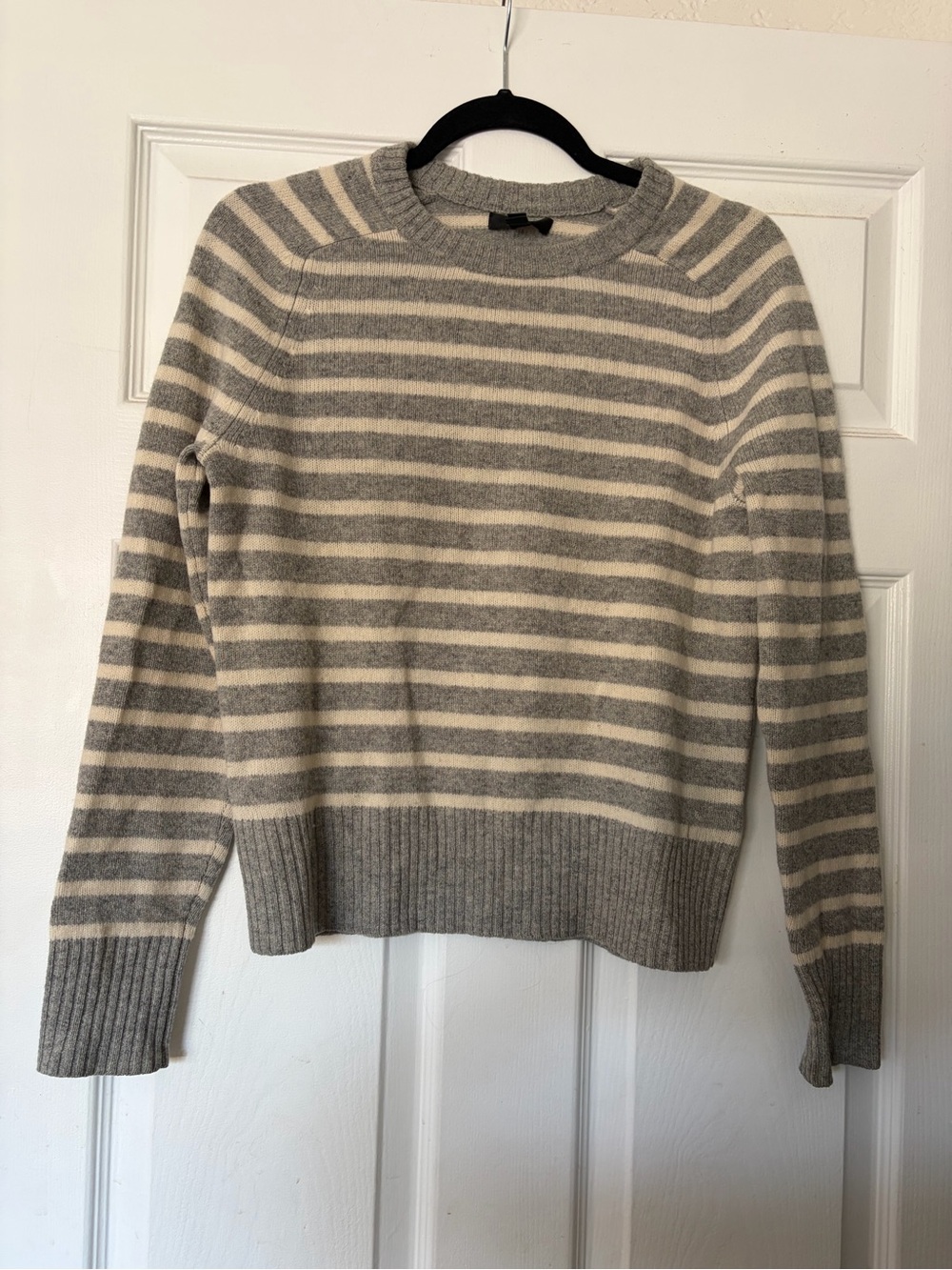 J. Crew Gray and White Striped Crewneck Sweater 100% wool